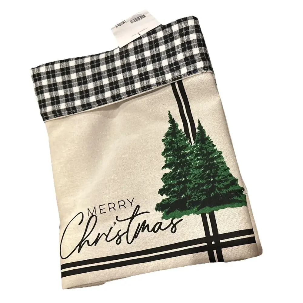 Merry Pine Tree Christmas Tree Skirt Black and White Canvas Storage Display